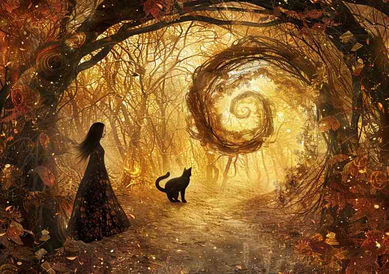 Cat and lady in the gold forest | Metal Poster