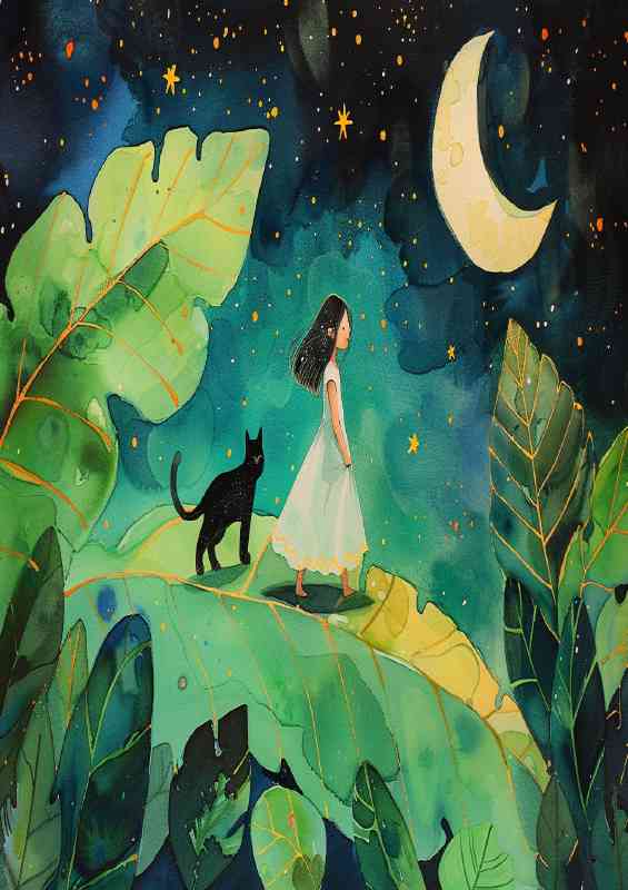 Cat and the little girl enchanting | Metal Poster