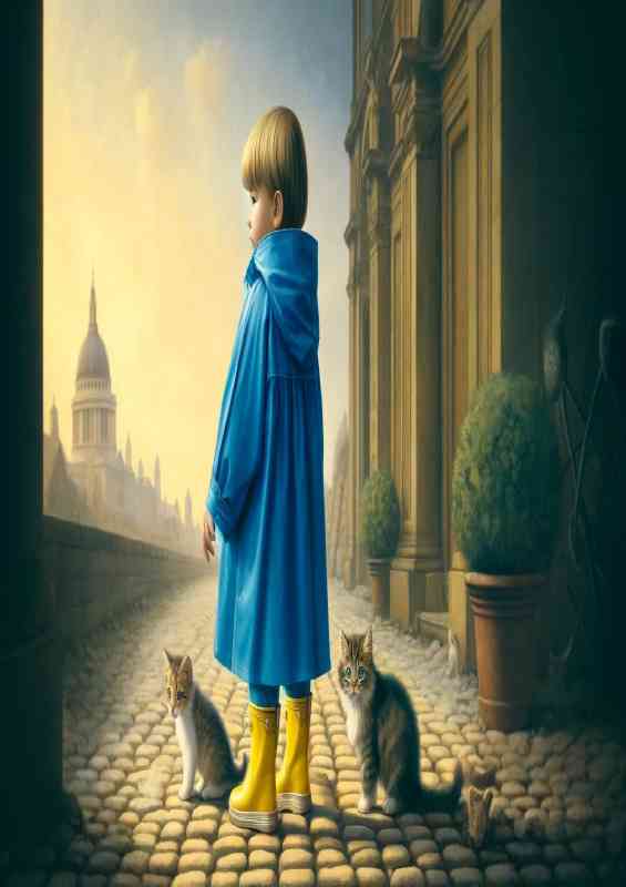 Child in a bright blue raincoat with kittens | Canvas