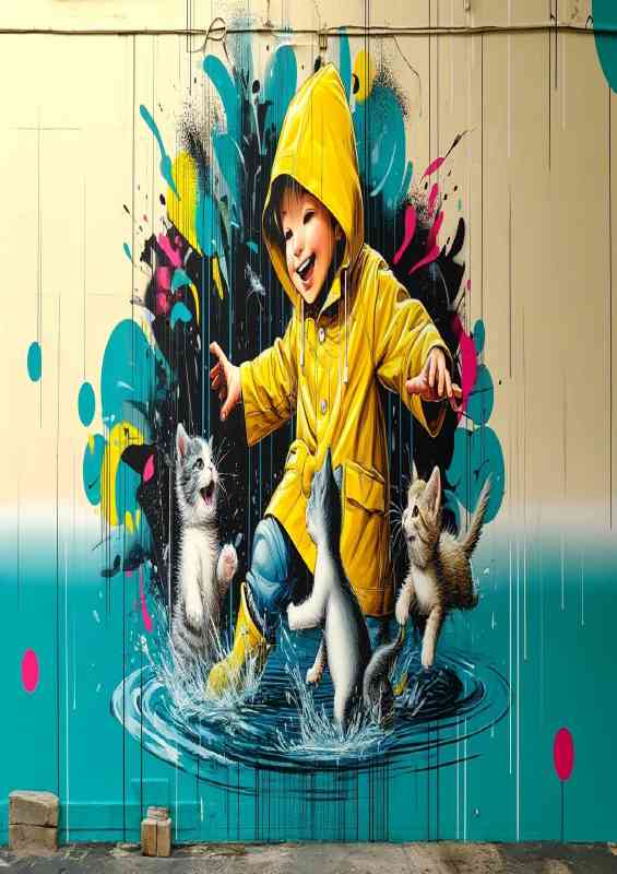 Child in a bright yellow raincoat playing with kittens | Metal Poster