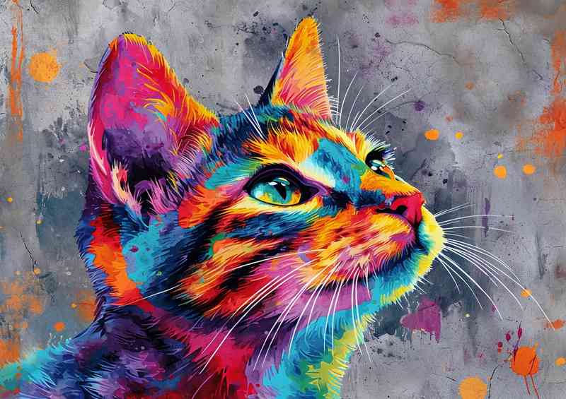 Colorful cat gazing with a grey background | Metal Poster