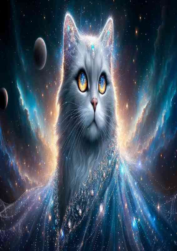 Cosmic Cat with silver blue fur nestled among the stars | Di-Bond