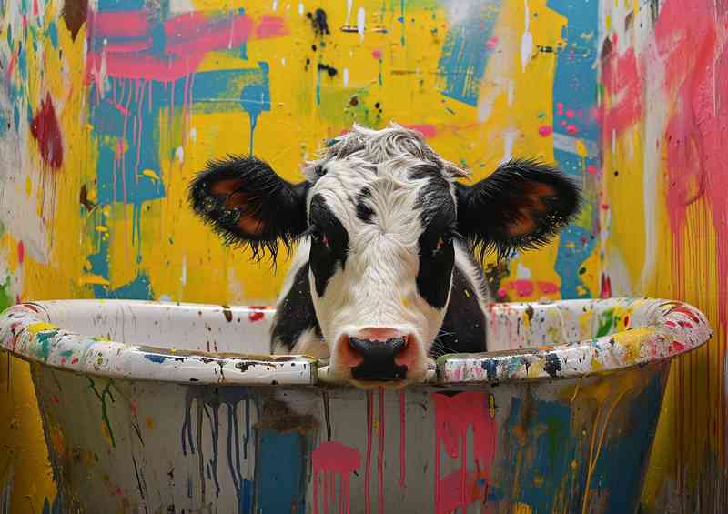 Cow in a painted bath | Metal Poster