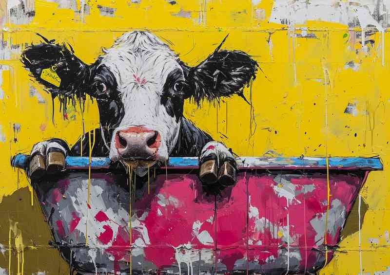 Dairy cow in a bath tub with yellow painted walls | Poster