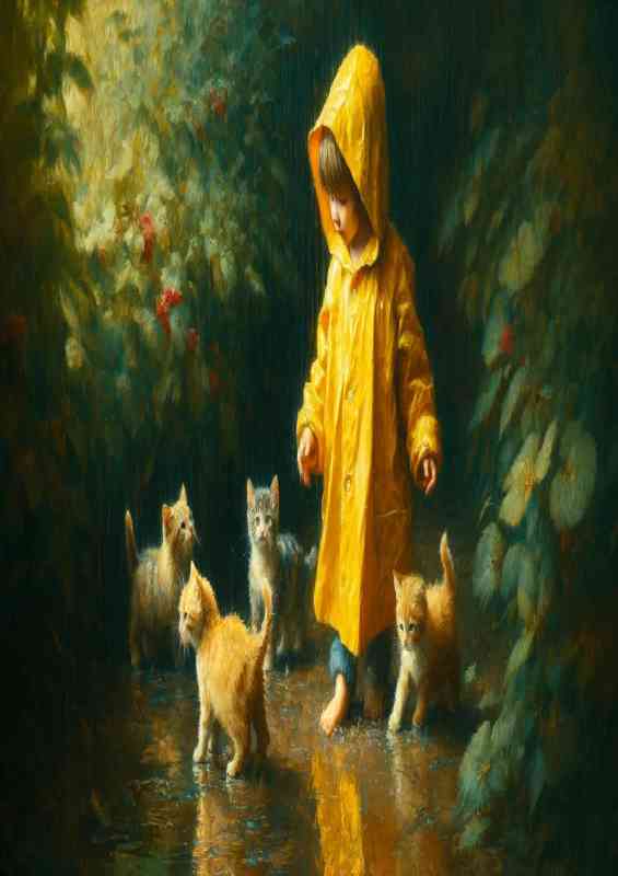 Depicting a child in a vibrant yellow raincoat and kittens at play | Metal Poster