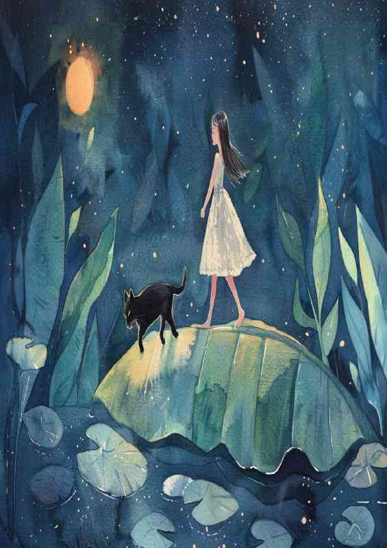 Enchanting Cat and little girl | Canvas