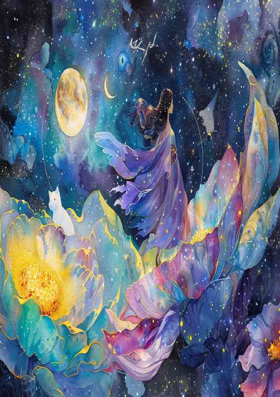 Enchanting water lilly in the sky white cat | Metal Poster