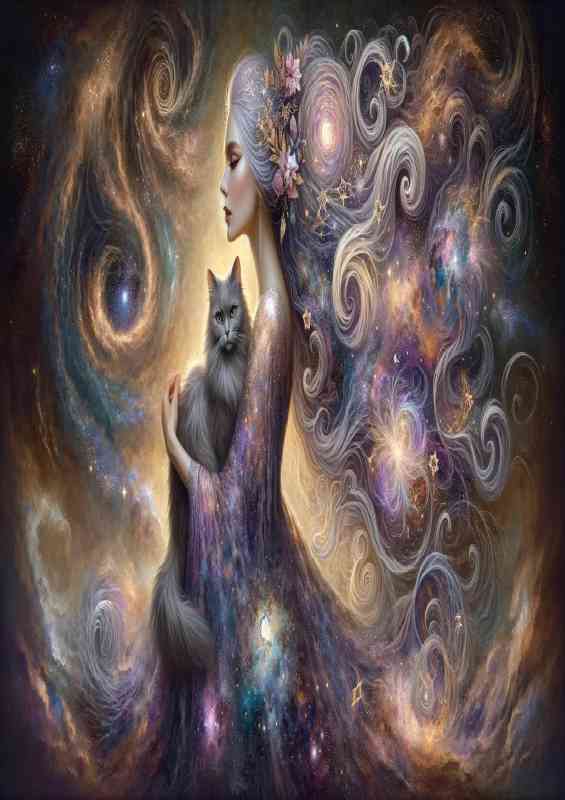 Ethereal woman with flowing hair filled with cosmic swirls stars | Poster