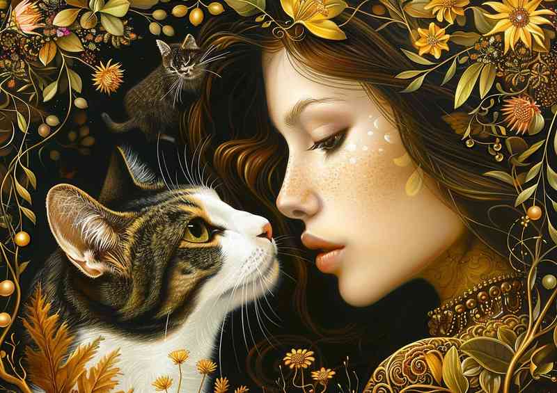 Fantasy painting of a woman with her Cat | Poster