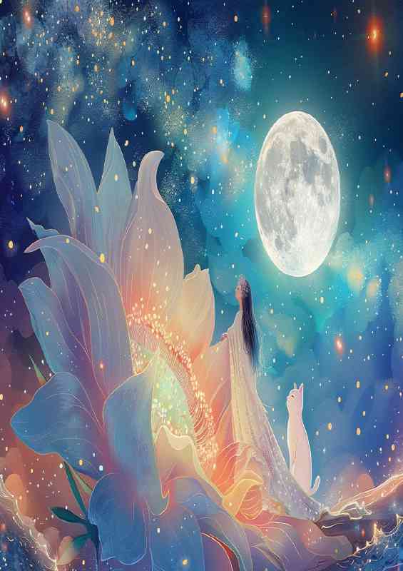 Flowers in the sky with full moon and white cat | Poster