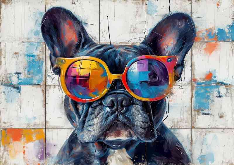 French bulldog wearing colorful glasses on a white background | Di-Bond