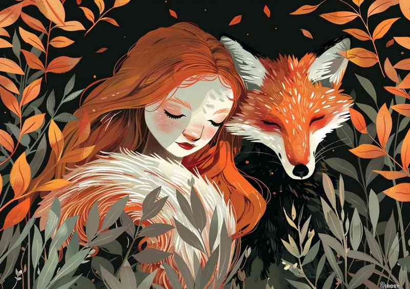 Girl and Fox with red hair sitting among leafs | Metal Poster