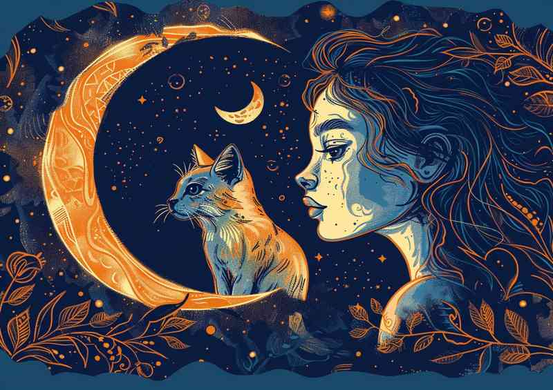 Girl and her Cat is in front of moon | Canvas