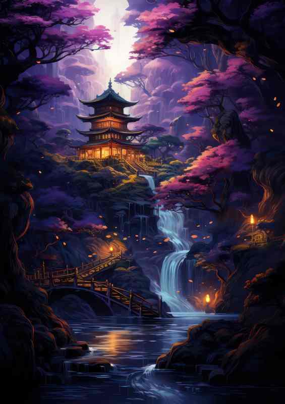 Orange lights glowing on the Japanese style house | Metal Poster
