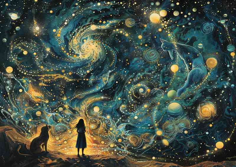 Girl is standing before a Cat with stars and planet | Canvas
