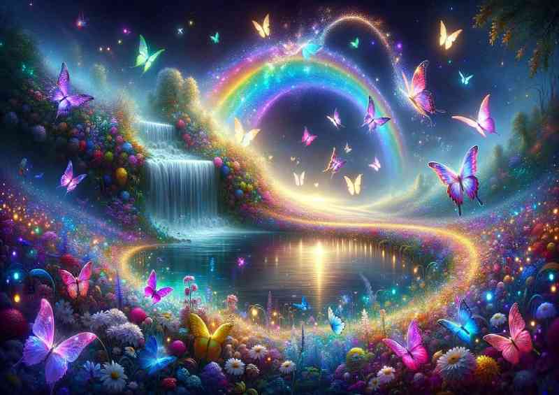 Dreamy landscape with Iridescent butterflies shimmering waterfall | Metal Poster