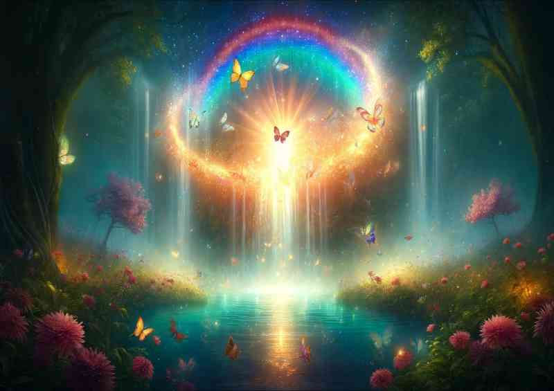 Ethereal scene of butterflies swirling around a vibrant | Poster