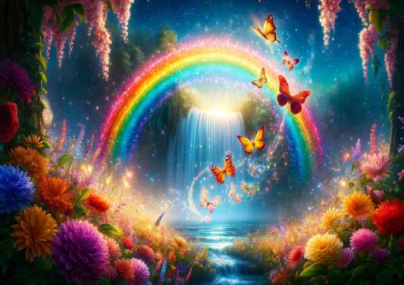 Magical vibrant butterflies flying across a rainbow | Poster