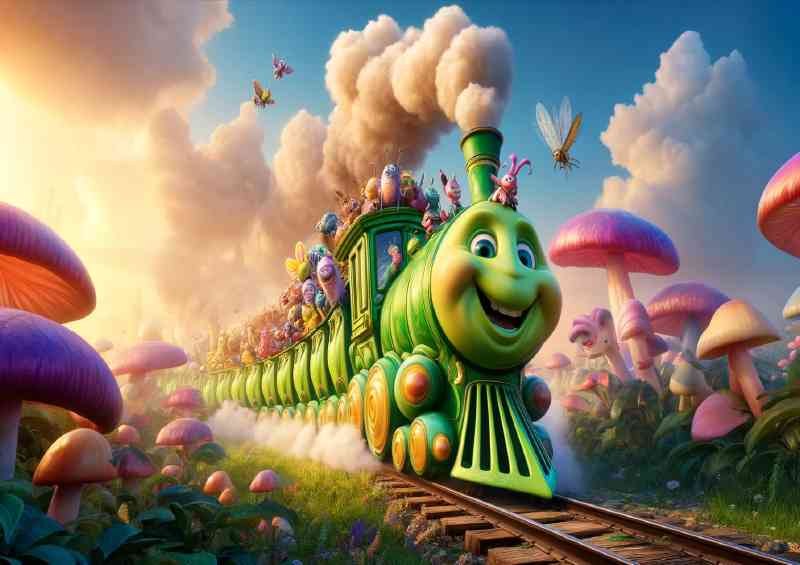 Quirky train shaped like a caterpillar vibrant green | Poster