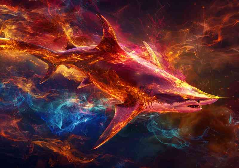 Digital print depicting a shark in fire and smoke | Canvas