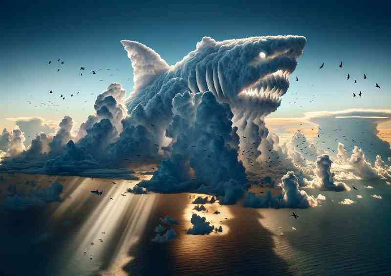 Thick clouds form the shape of a menacing shark in the sky | Metal Poster