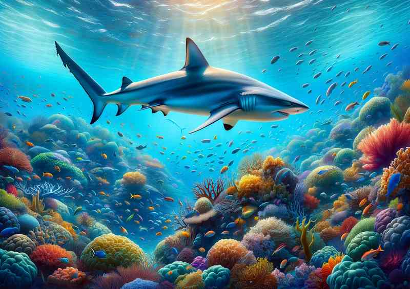 serene reef shark its sleek form cutting through the tranquil waters | Di-Bond