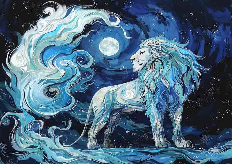 A Big lion standing in the night_against the moon | Canvas