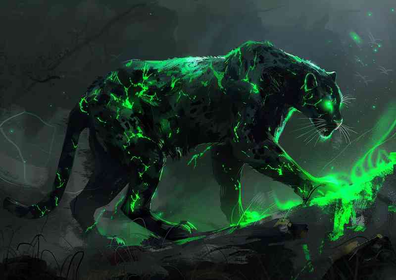 A Black Panther with neon green light | Canvas