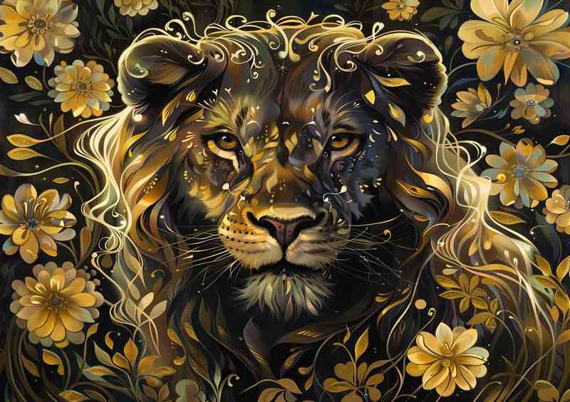 A Lion with painted floral flowers | Poster