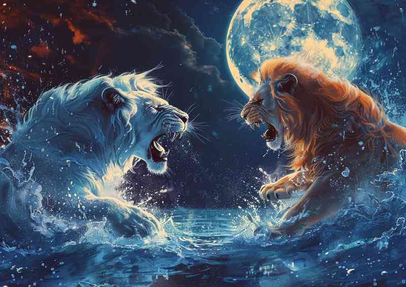 A Pair Of Lions Fighting the the water by the moon | Poster