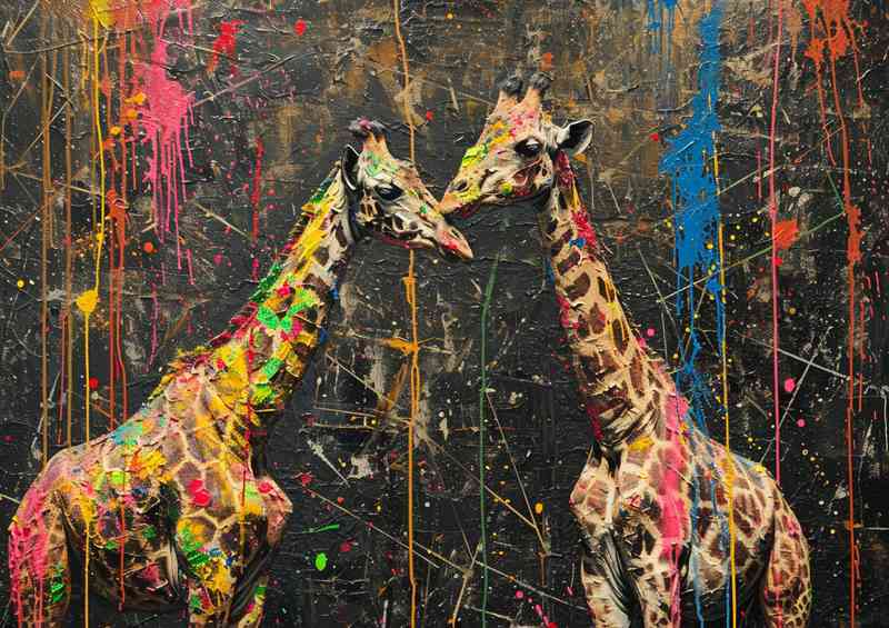 A Pair of giraffes in a splatterd art form | Poster
