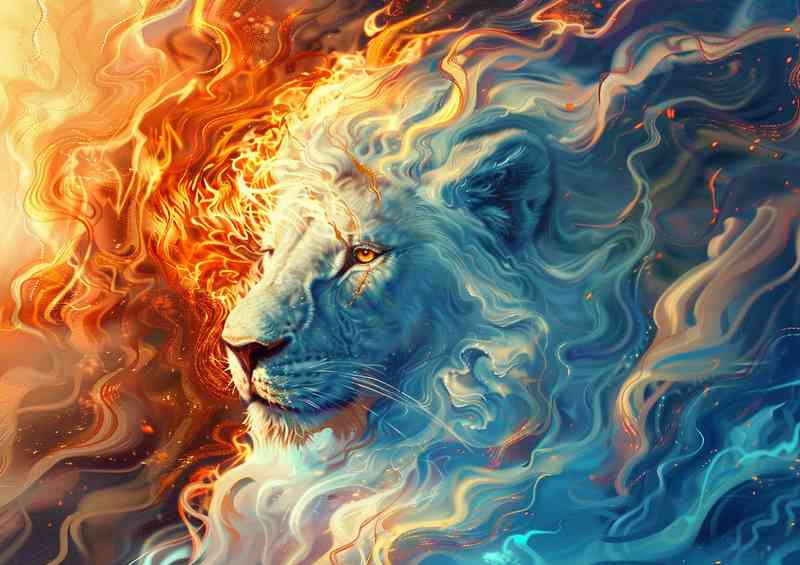 A White Lion heas surrounded by coloured flames | Metal Poster