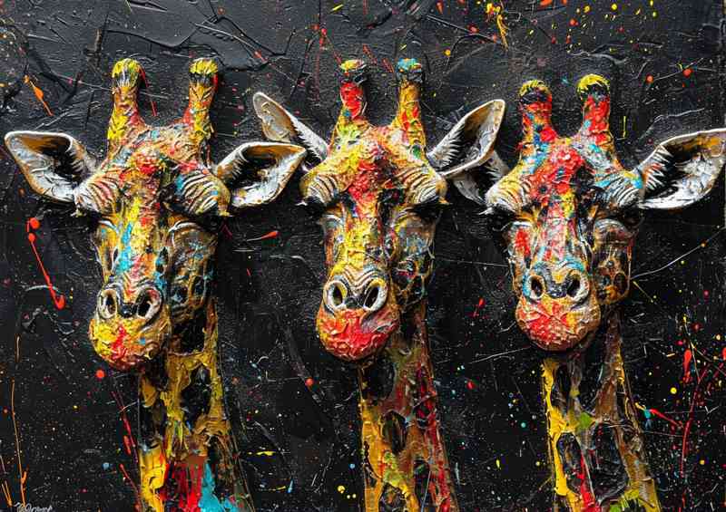 A colourful set of giraffe heads splashed art | Poster