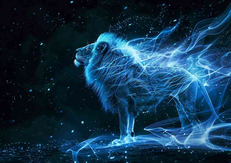 A lion standing on a black background with blue light | Canvas