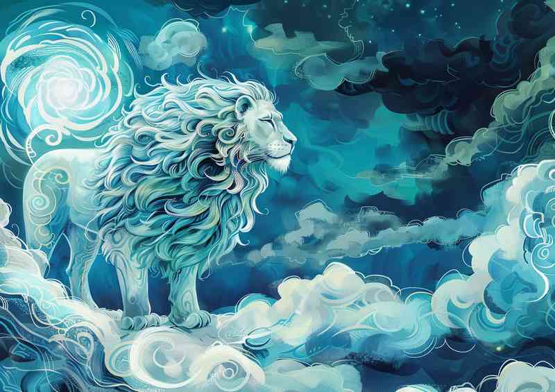 A lion standing on the moon with clouds | Poster
