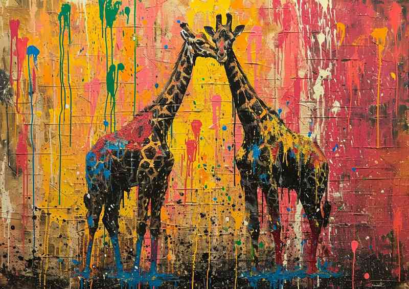 A pair of giraffes with splashed art | Poster