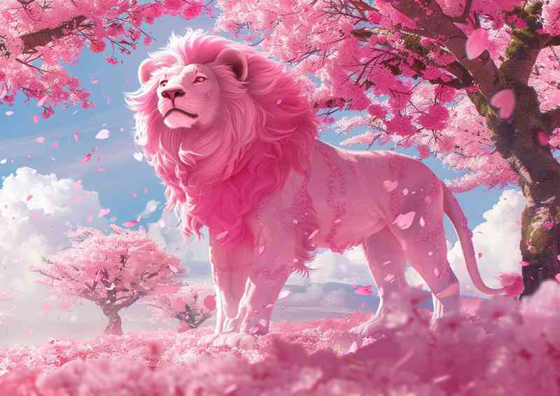 A pink Lion standing under the cherry trees | Metal Poster
