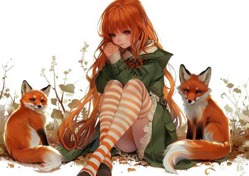 A red haired girl with long hair sits on the ground | Metal Poster