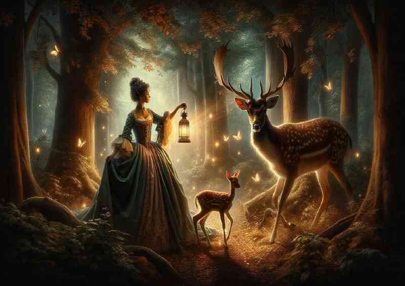 A young girl in a dress holding a lantern in a mystical forest | Poster