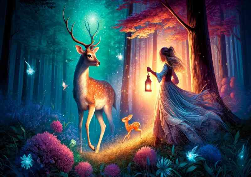 A young girl with a lantern encountering a deer and its fawn | Poster