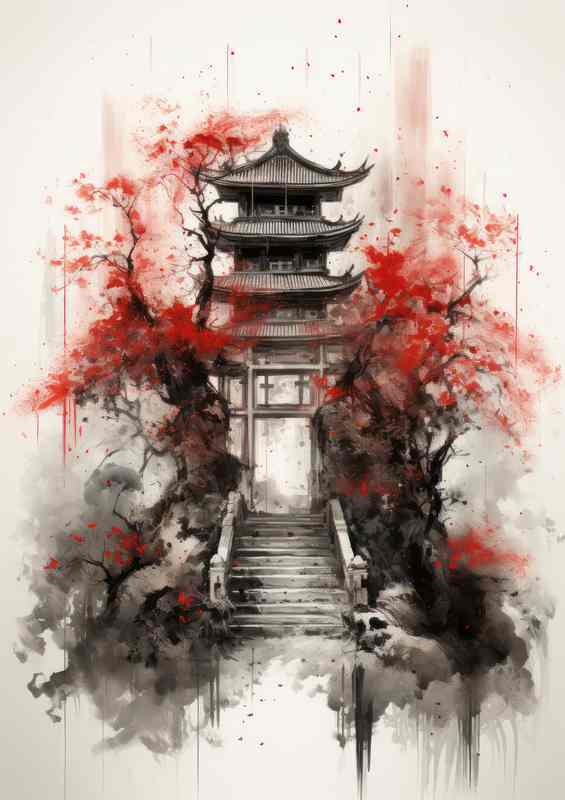 Torii Tranquility Japans Spiritual Ink Art with trees | Poster
