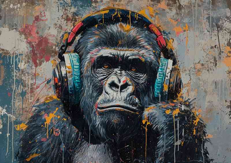 Abstract painting of a gorilla headphones and pain with splash art | Metal Poster