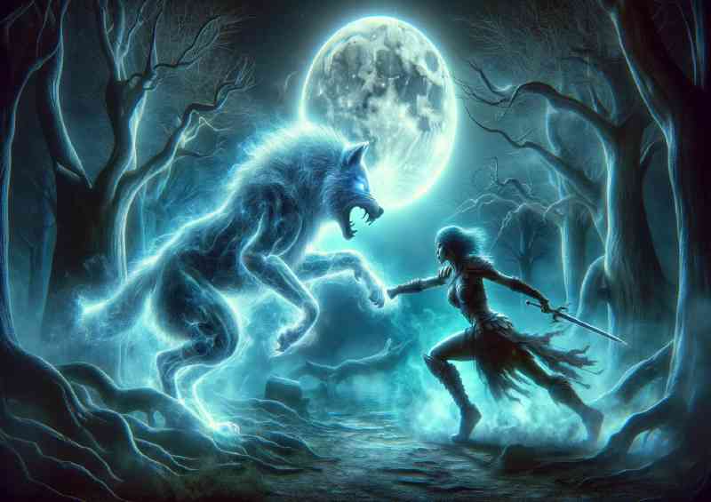 Amazon warrior clashing with a spectral wolf | Poster