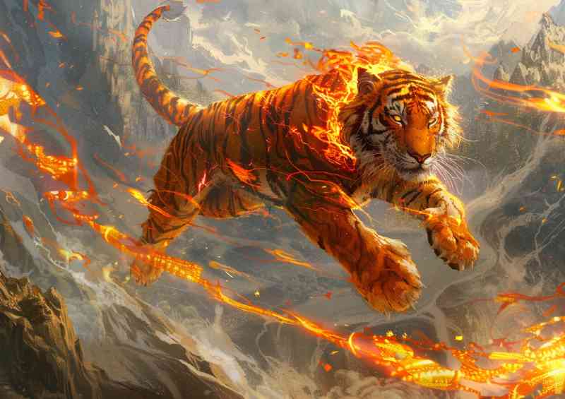 Anthropomorphic red Tiger with fiery patterns leap | Metal Poster