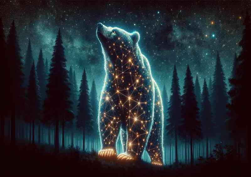 Bear made of constellation patterns standing in a mystical forest at night | Canvas