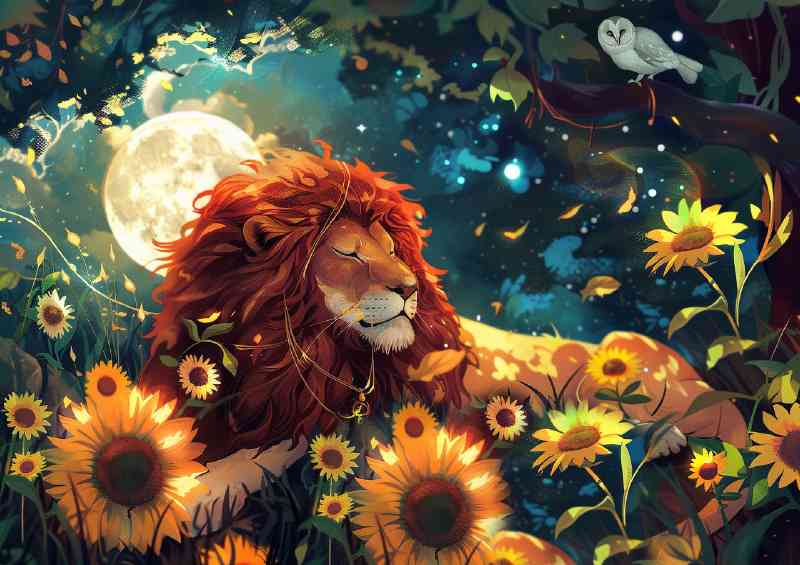 Beautiful Lion lies in the forest surrounded by sun | Canvas