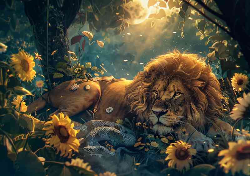 Beautiful Lion with golden fur resting In the forest | Metal Poster