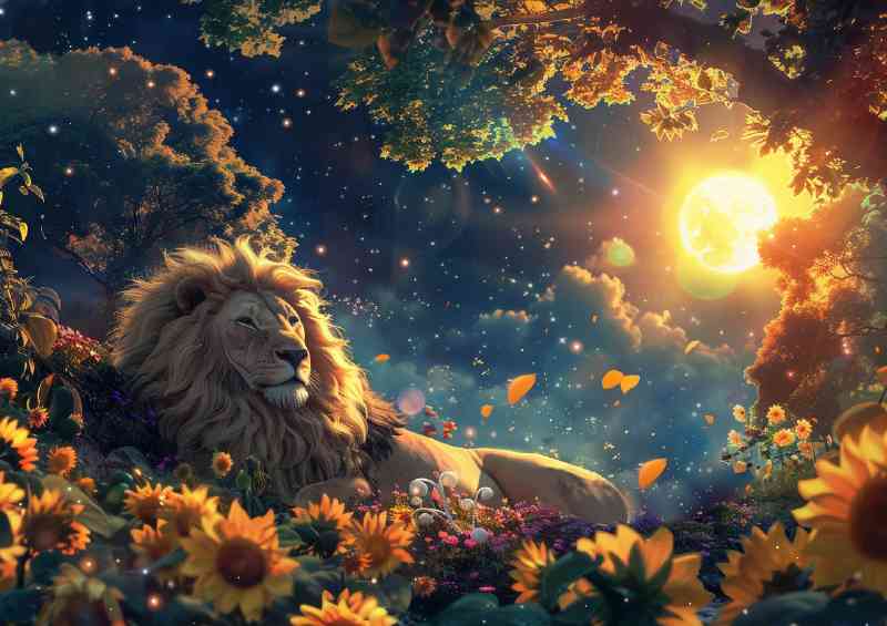 Beautiful sun moon and stars in the sky with Lion | Metal Poster