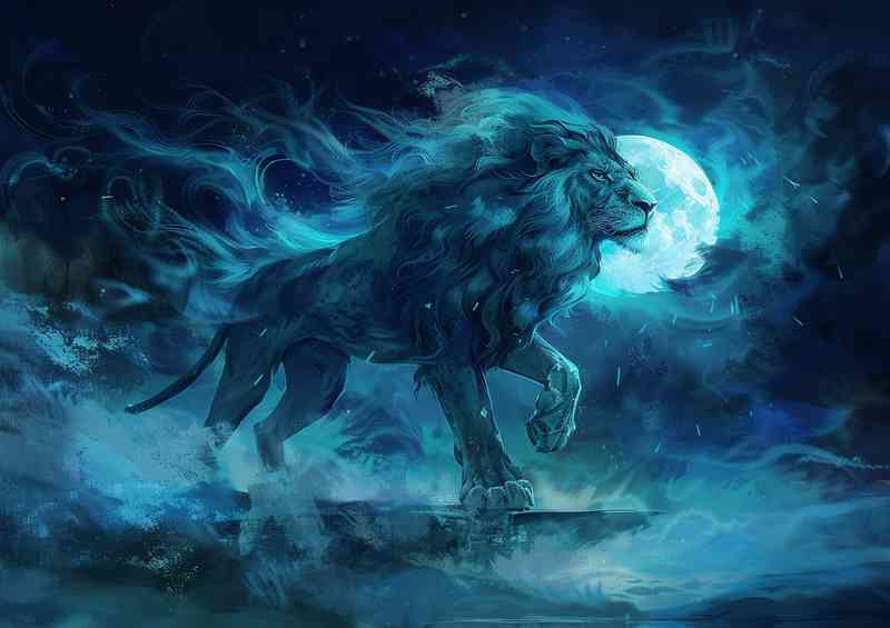 Big Lion standing with the moon in blue | Di-Bond
