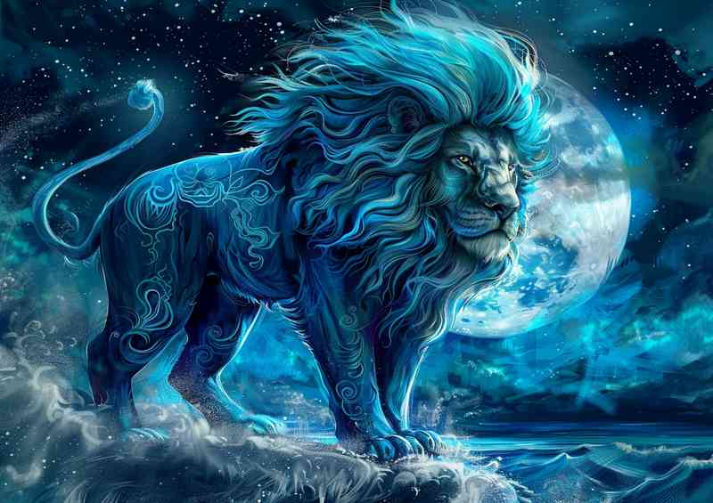 Big lion standing in the night against the moon | Metal Poster
